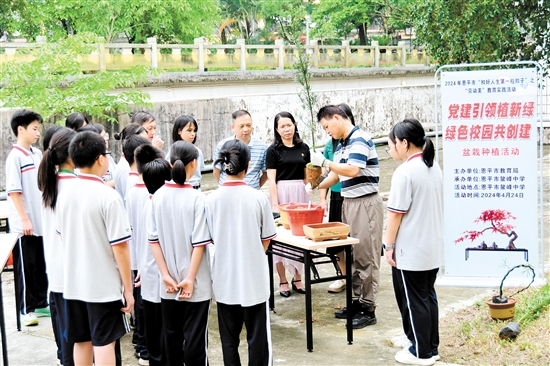恩平市鳌峰中学学生学习种植盆栽。